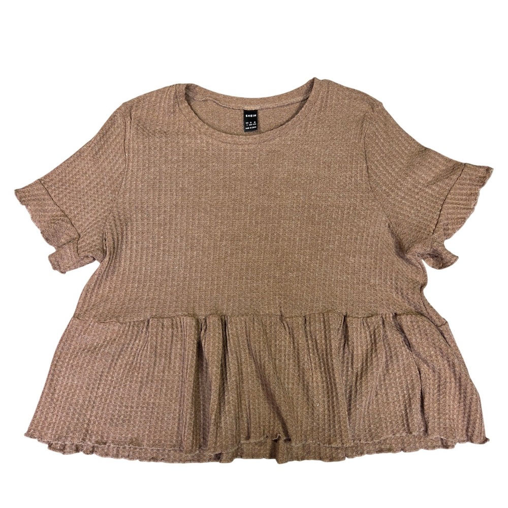 SHEIN Women Brown Waffle Knit Peplum Short Sleeve Top Size L Crew Neck Relaxed